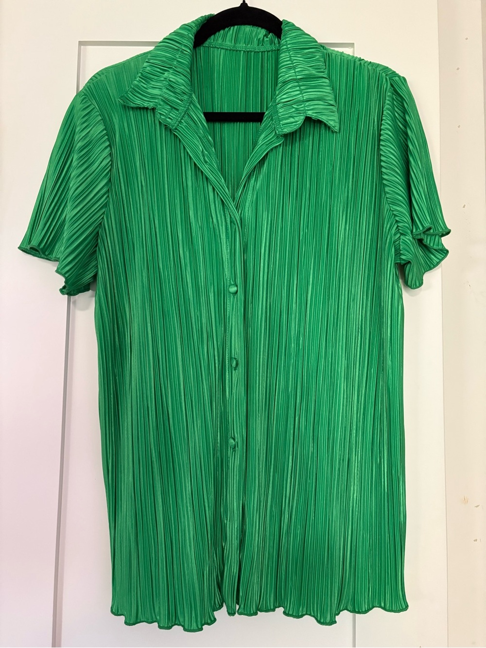 Amazon Green Pleated Short-Sleeve Button-Up Blouse
